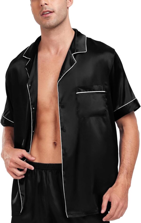Men Satin Silk Pajamas Sets Short   Button-Down PJs Sets Two-Pieces Loungewear with Pockets