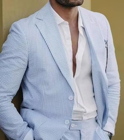 Mens Blue Seersucker Summer Suits Grooms Sear Sucker Suit for Wedding Mens Formal Suits Slim Fit