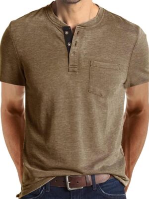 Mens Casual Short  Henley Shirts Fashion Button T Shirts with Pocket