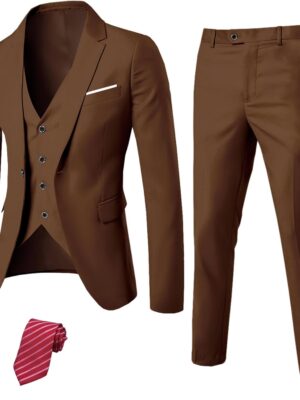 Men's Slim Fit 3 Piece Suit Set, One Button Solid Blazer Vest Pants with Tie