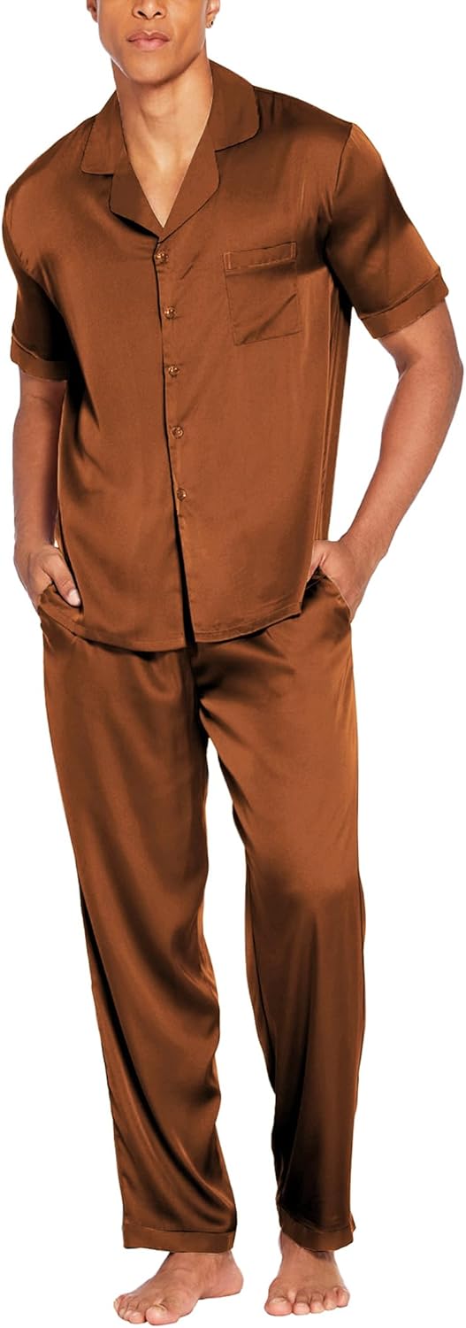 Men Satin Silk Pajamas Set 2 Piece Button Down  Long Pants Loungewear with Pockets