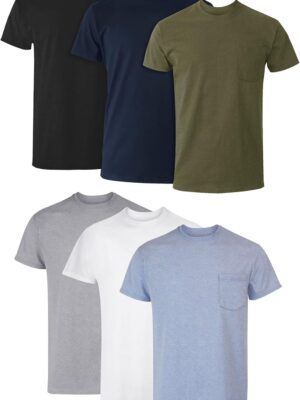 Men's Pocket Undershirt Pack, Cotton Crew Neck T-Shirt, Moisture Wicking Tee, Assorted 6-Pack