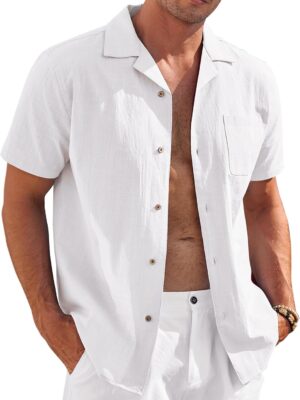 Mens Casual Cotton Linen Shirt Short  Button Up Shirts Summer Beach Top