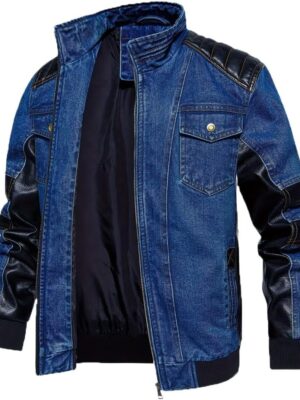 Men's Denim &  Leather Biker Jacket Vintage Motorcycle Jean Jacket with Leather Patchwork