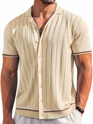 Men's Short  Knit Shirt Casual Button Down Shirt Vintage Striped Knitted Golf Beach Tops