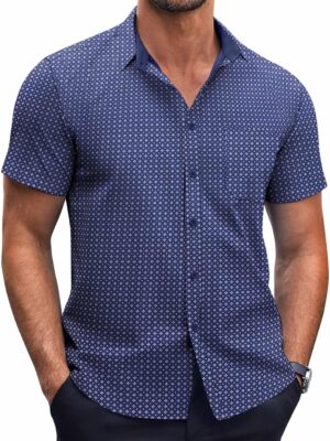 Mens Short  Button Down Shirts Wrinkle Free Dress Shirts Casual Polka Dot Print Shirt with Pocket