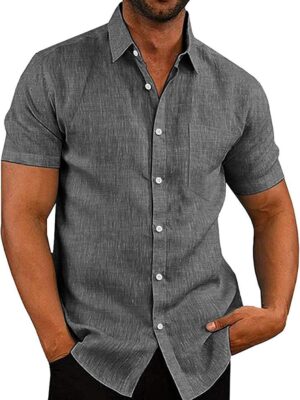 Men's Casual Button Down Shirts Short  Linen Shirts Summer Beach Dress Shirt